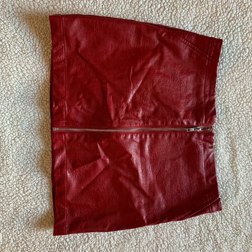 Red mini leather skirt